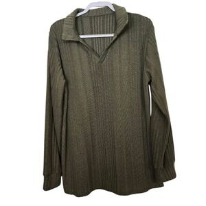 Olive Green Ribbed Collared Long Sleeve Pullover Top‎ Womens Sz XL